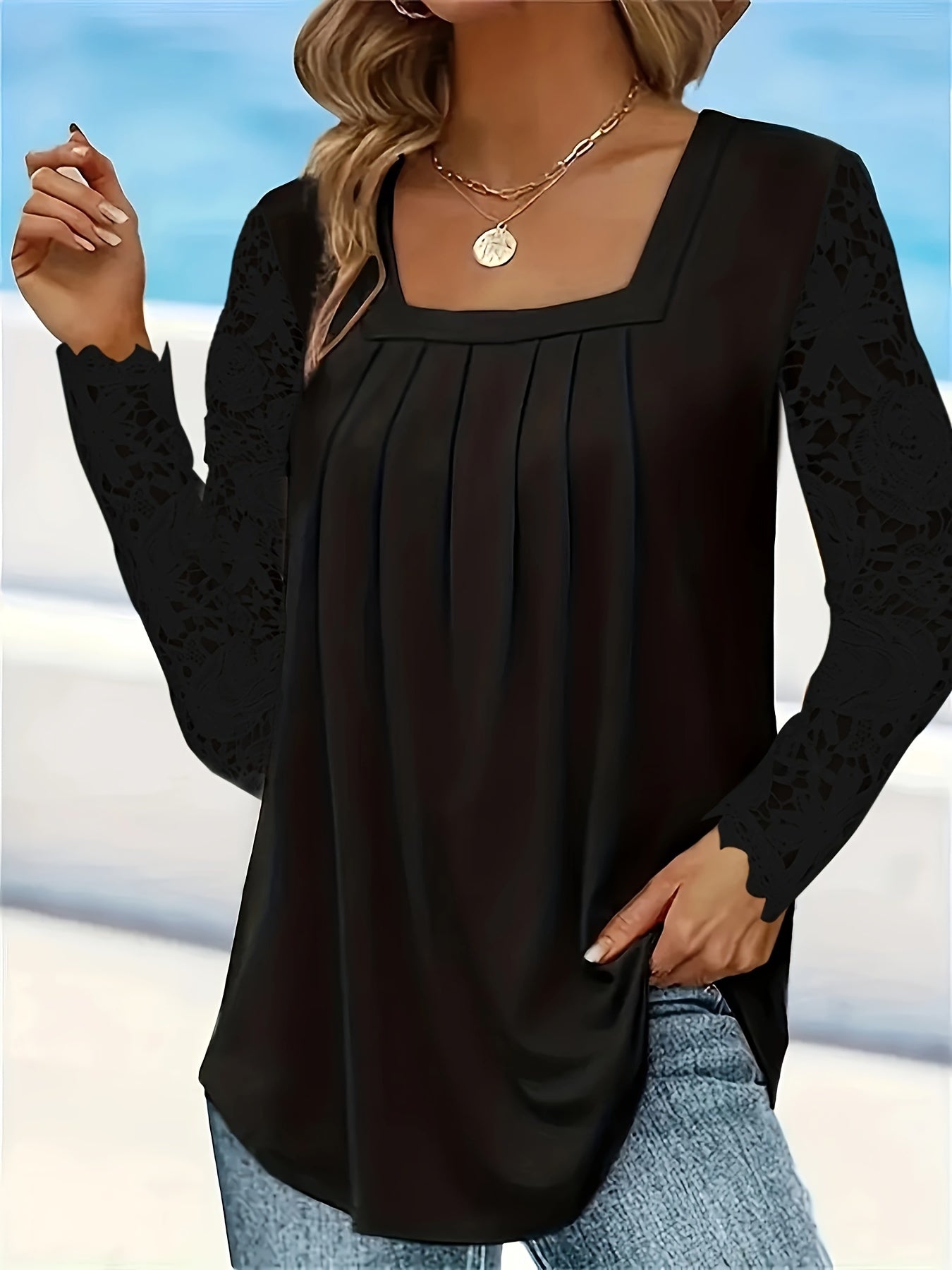 Lace Stitching T-Shirt, Casual Square Neck Long Sleeve T-Shirt