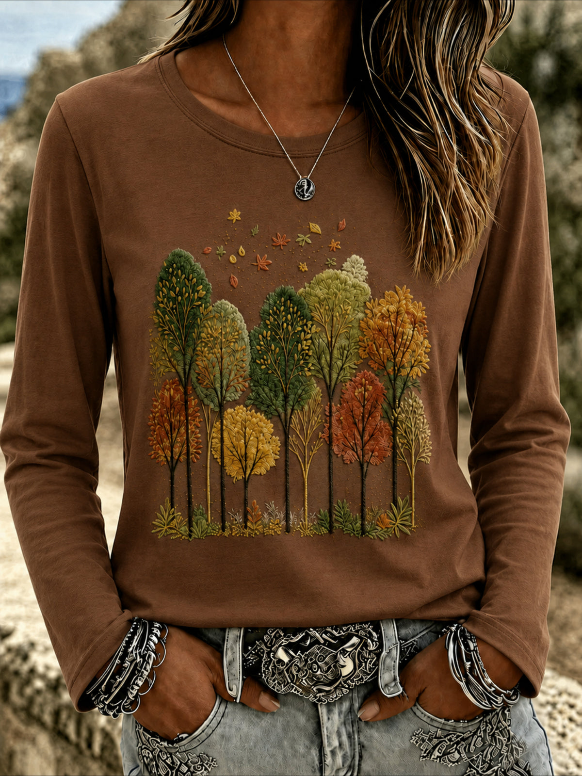 Leaf Printing Jersey Crew Neck Long Sleeve T-shirt