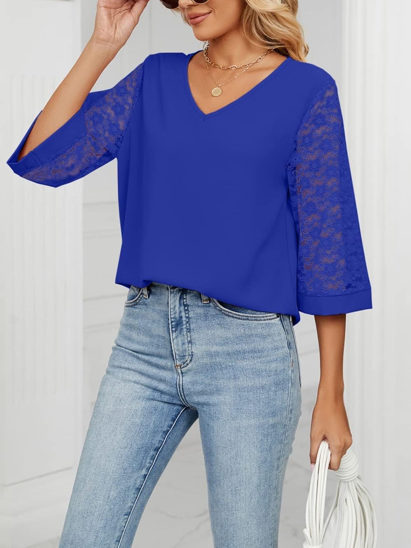 Casual 3/4 Sleeve Lace Chiffon Solid T-Shirt