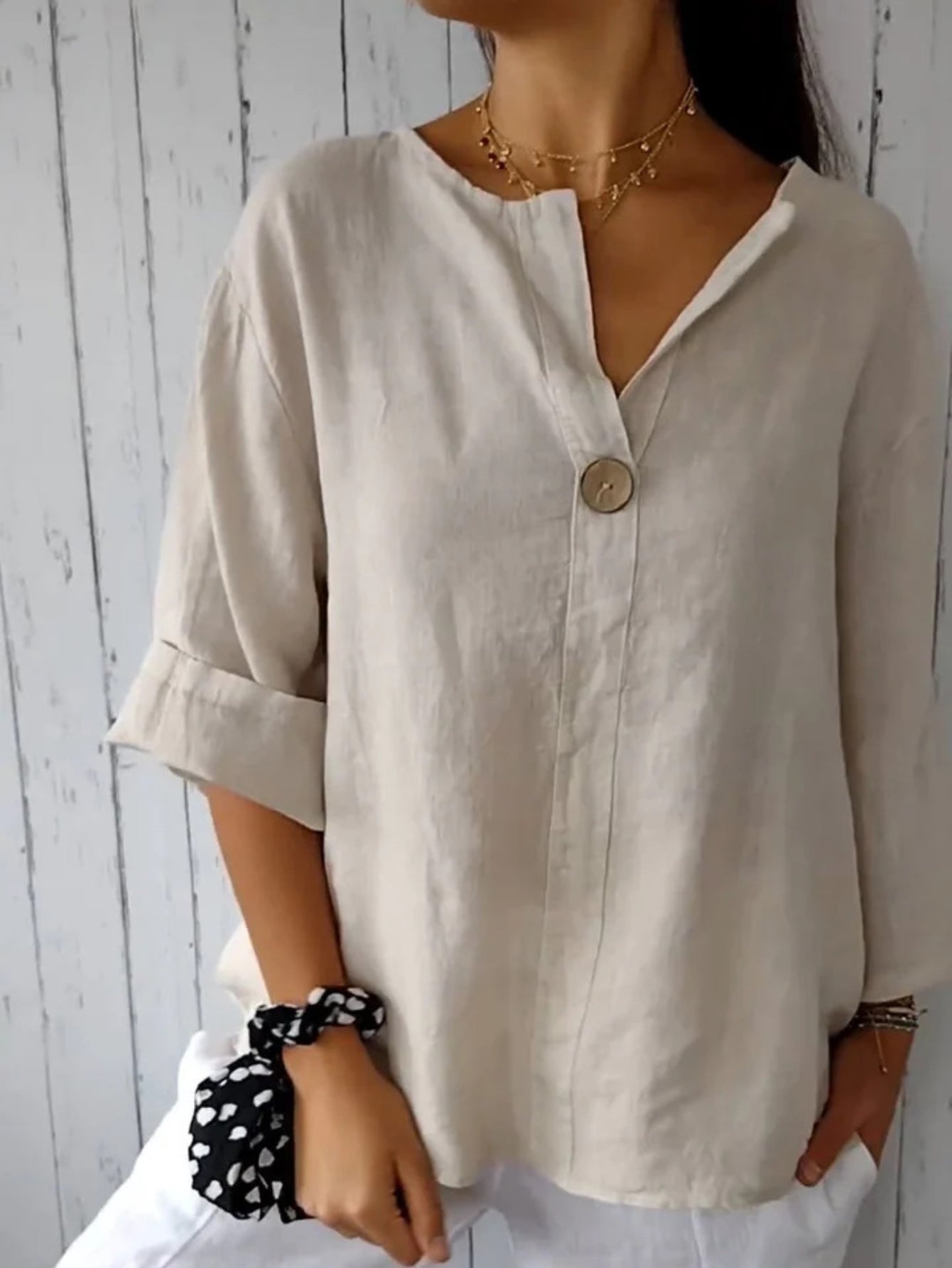 V Neck Three Quarter Sleeve Plain Buttoned Regular Loose Blouse