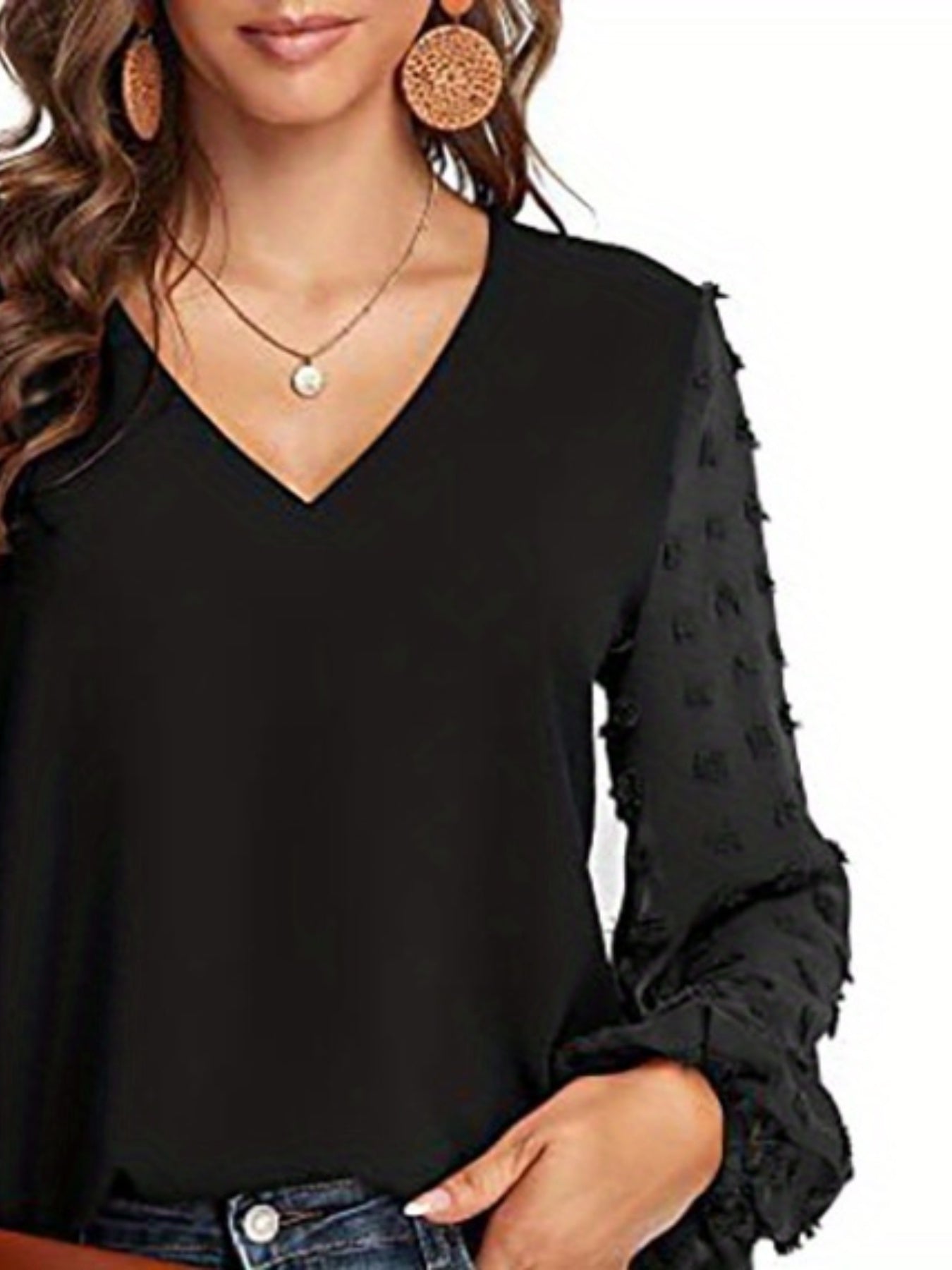 Swiss Dot Sleeve Shirt, Casual V Neck Solid Shirt