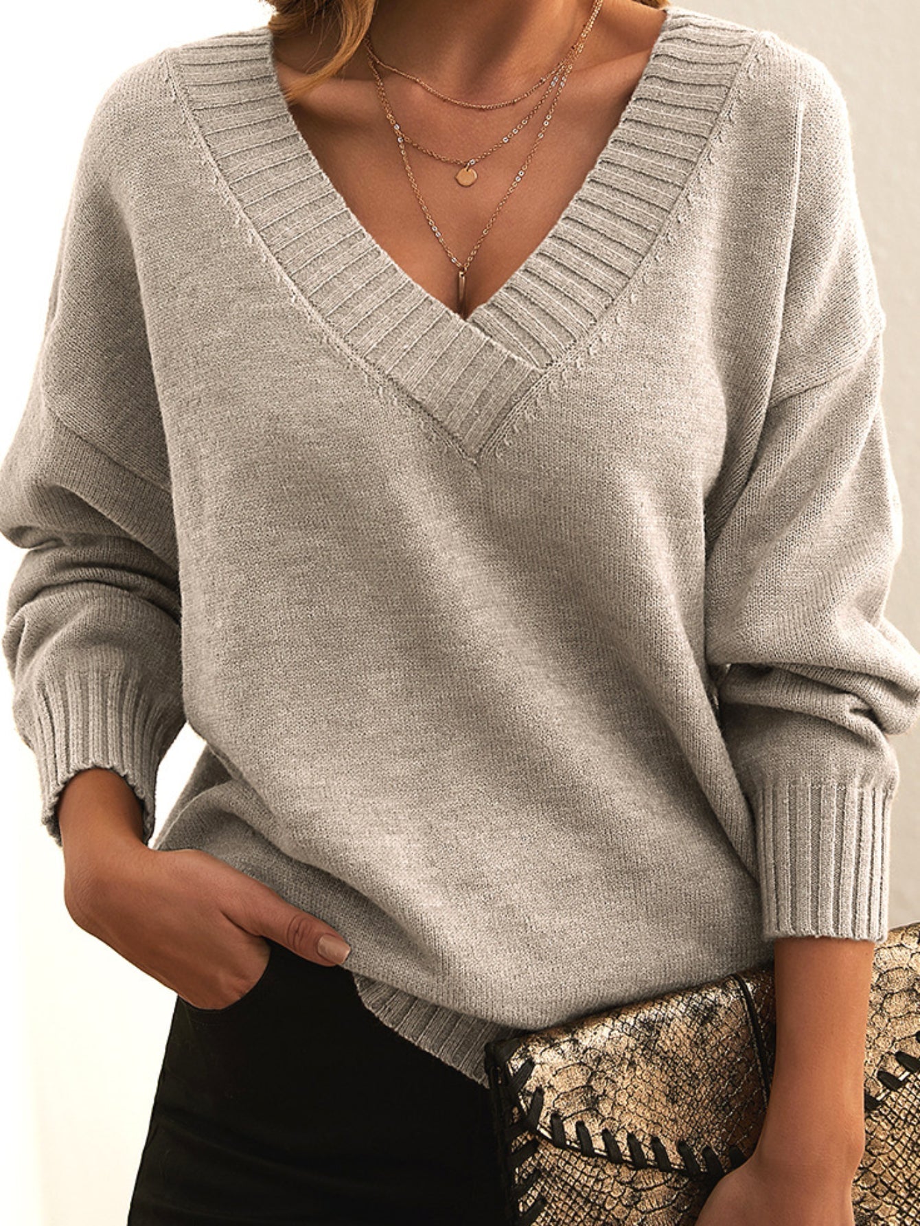 Solid Simple Knit Sweater, Casual V Neck Long Sleeve Sweater
