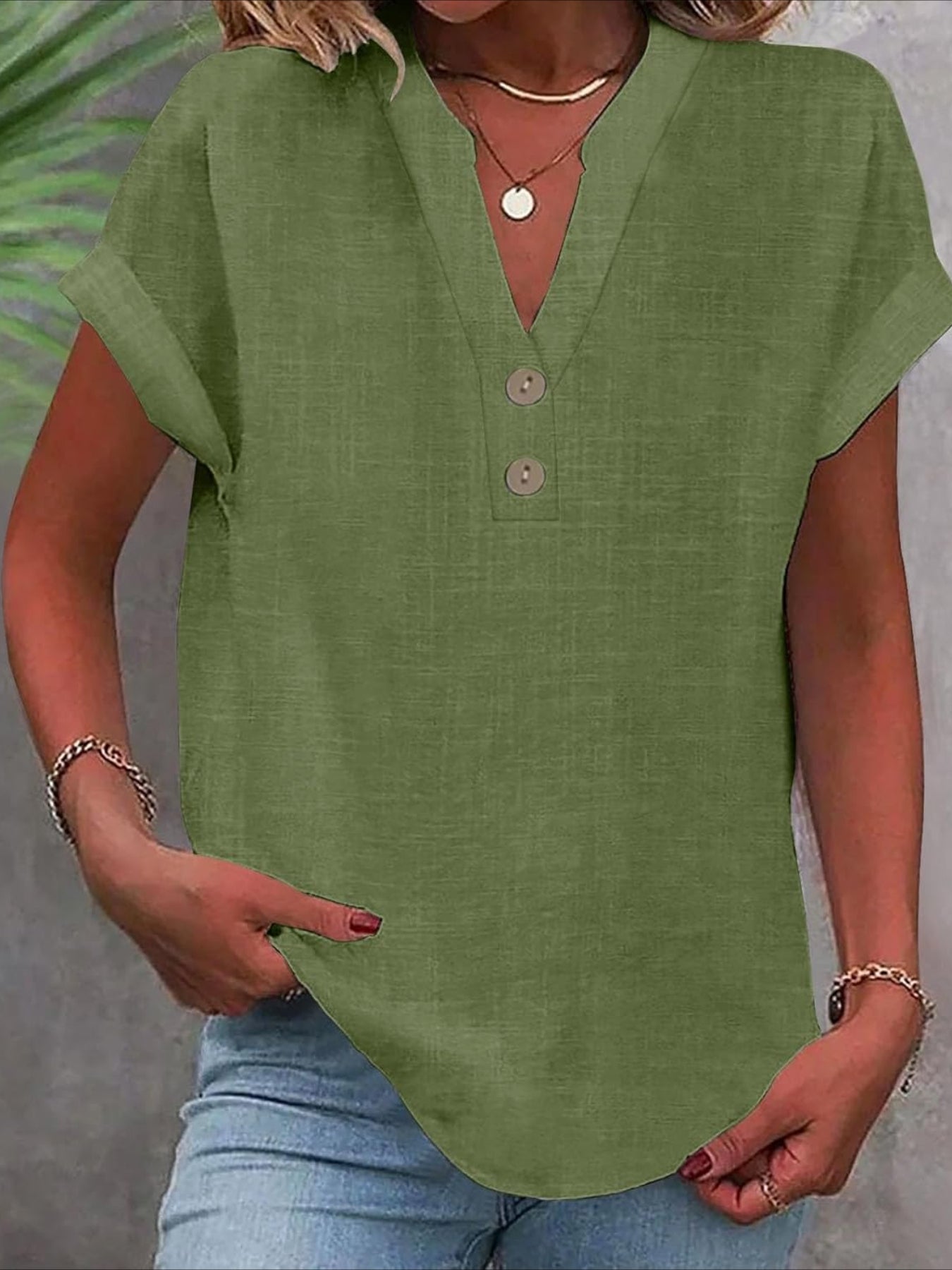 Solid Color V Neck Short Sleeve Button Down T Shirts