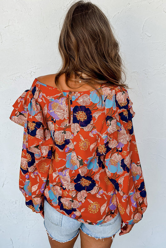 Fiery Red Floral Print Ruffle Puff Sleeve Blouse