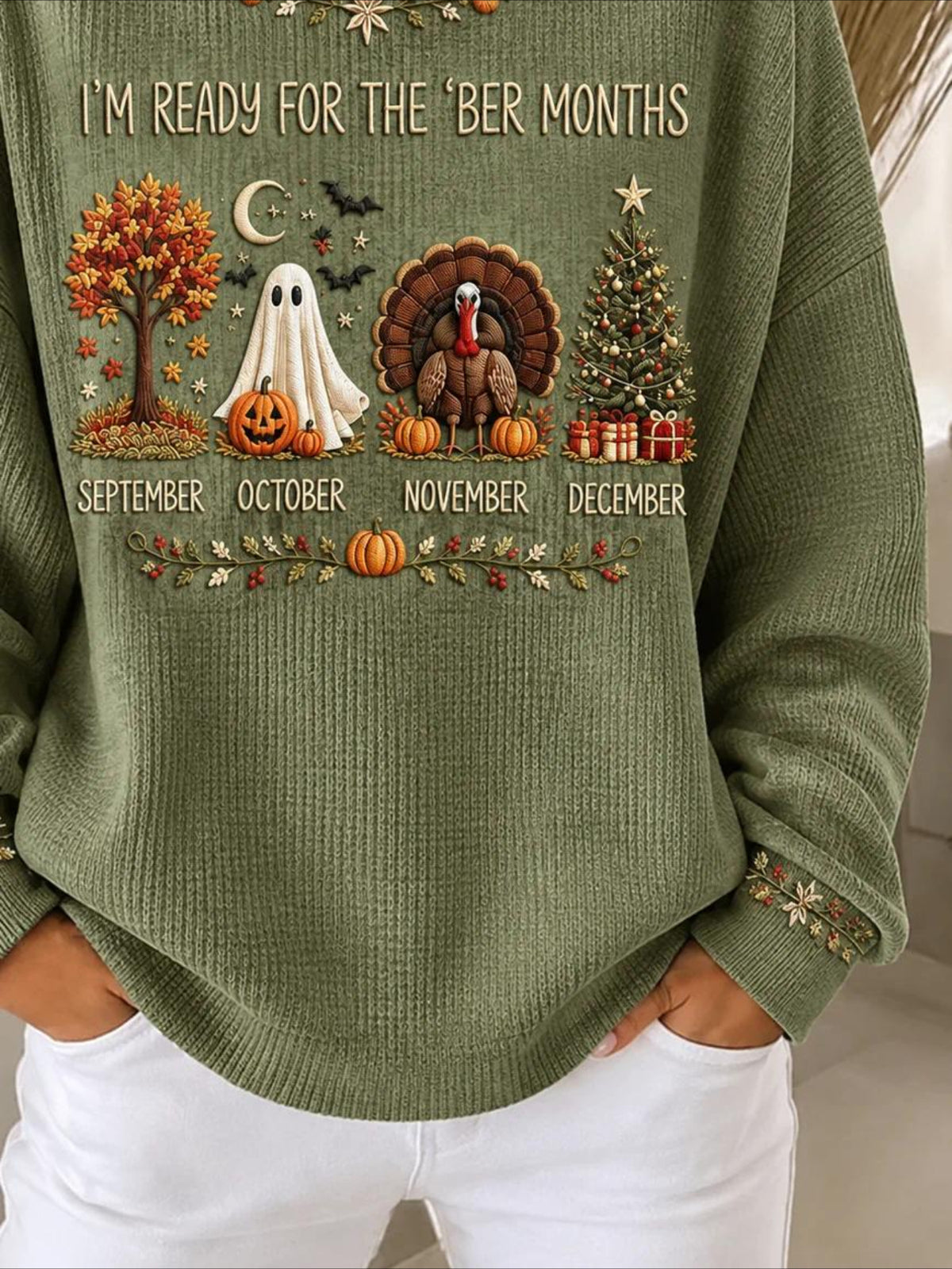 Halloween Printed Crew Neck Floral Long Sleeve Sweater Hoodie