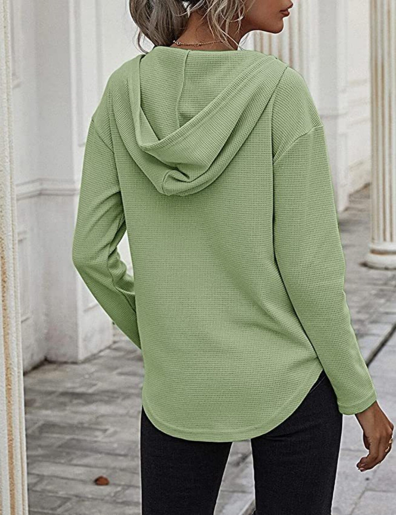 Drawstring Solid Waffle Hoodies, Casual V Neck Long Sleeve Sweatshirt With Pocket