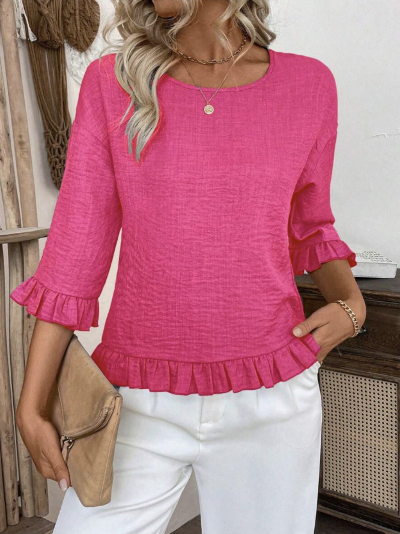 Gradient Color Casual Drop Shoulder Round Neck Loose Fit Top