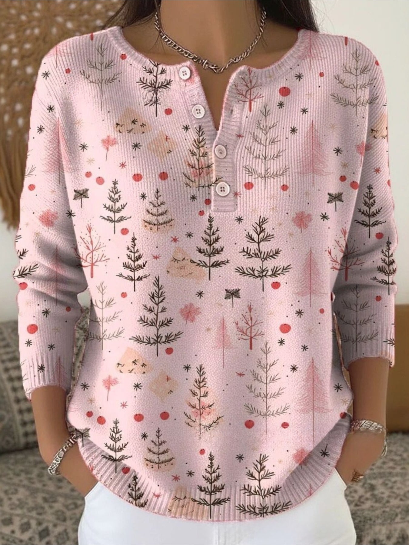 Christmas Green Tree Art Print Buttoned Sweater Tee
