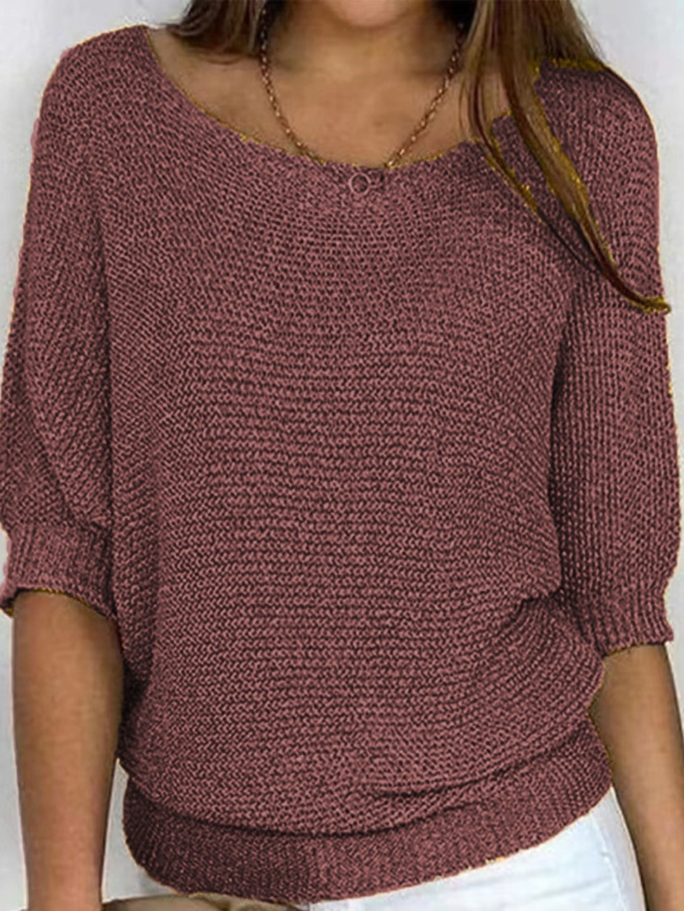 Solid Simple Knit Sweater, Casual Crew Neck 3/4 Sleeve Sweater
