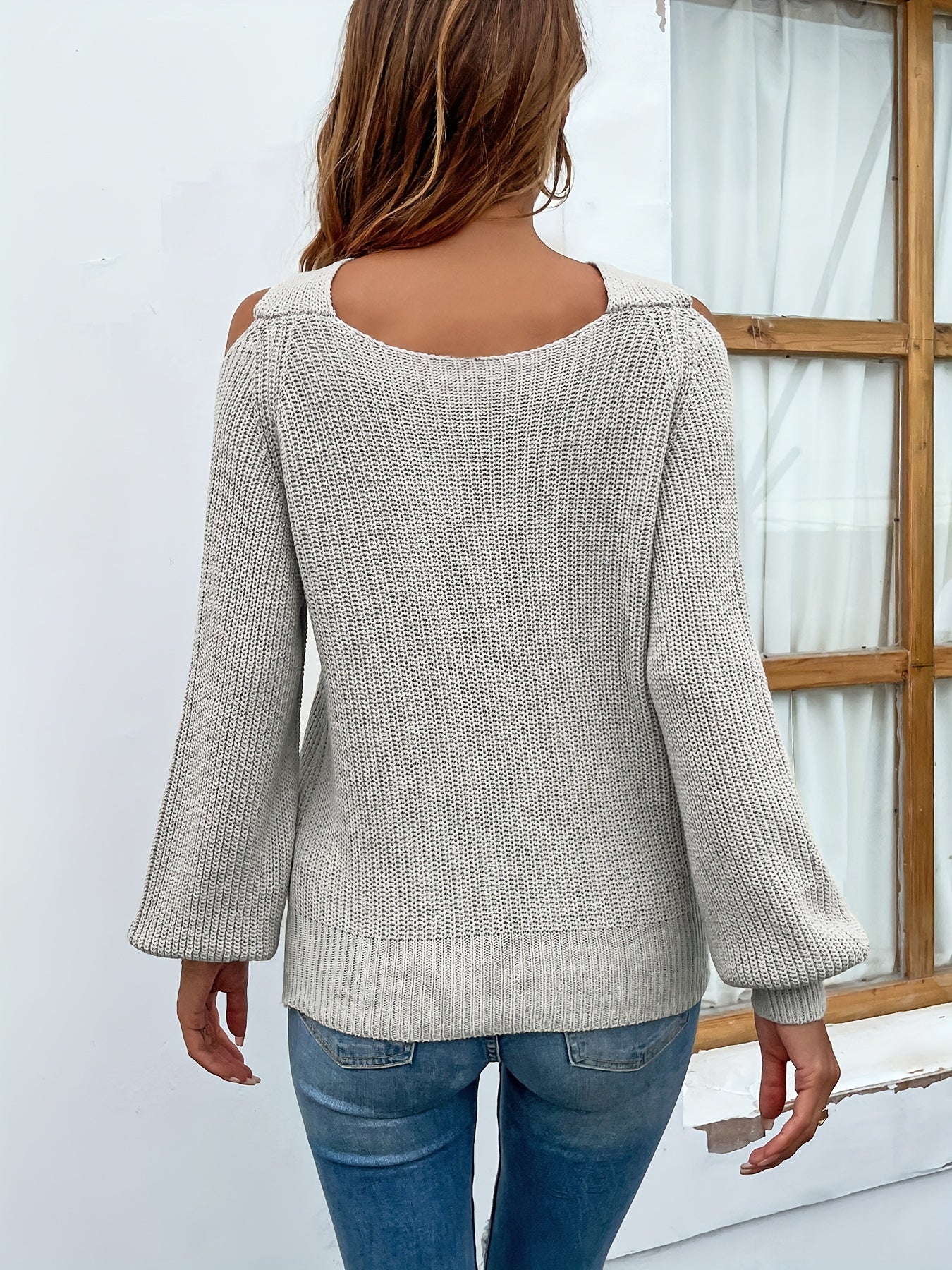 Criss Cross Neck Knitted Sweater, Elegant Cold Shoulder Long Sleeve Sweater