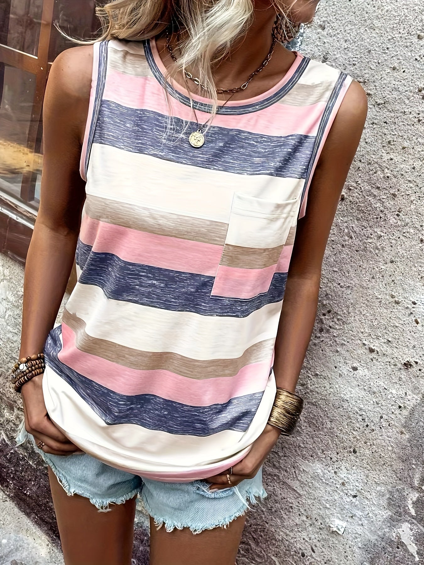 Striped Print Crew Neck Tank Top, Casual Sleeveless Patched Pocket Tank Top