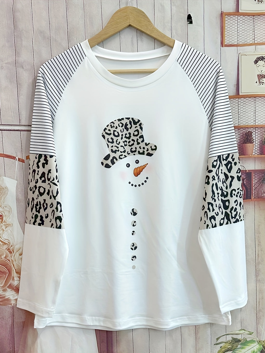 Snowman Pattern Crew Neck T-Shirt, Casual Long Sleeve Top