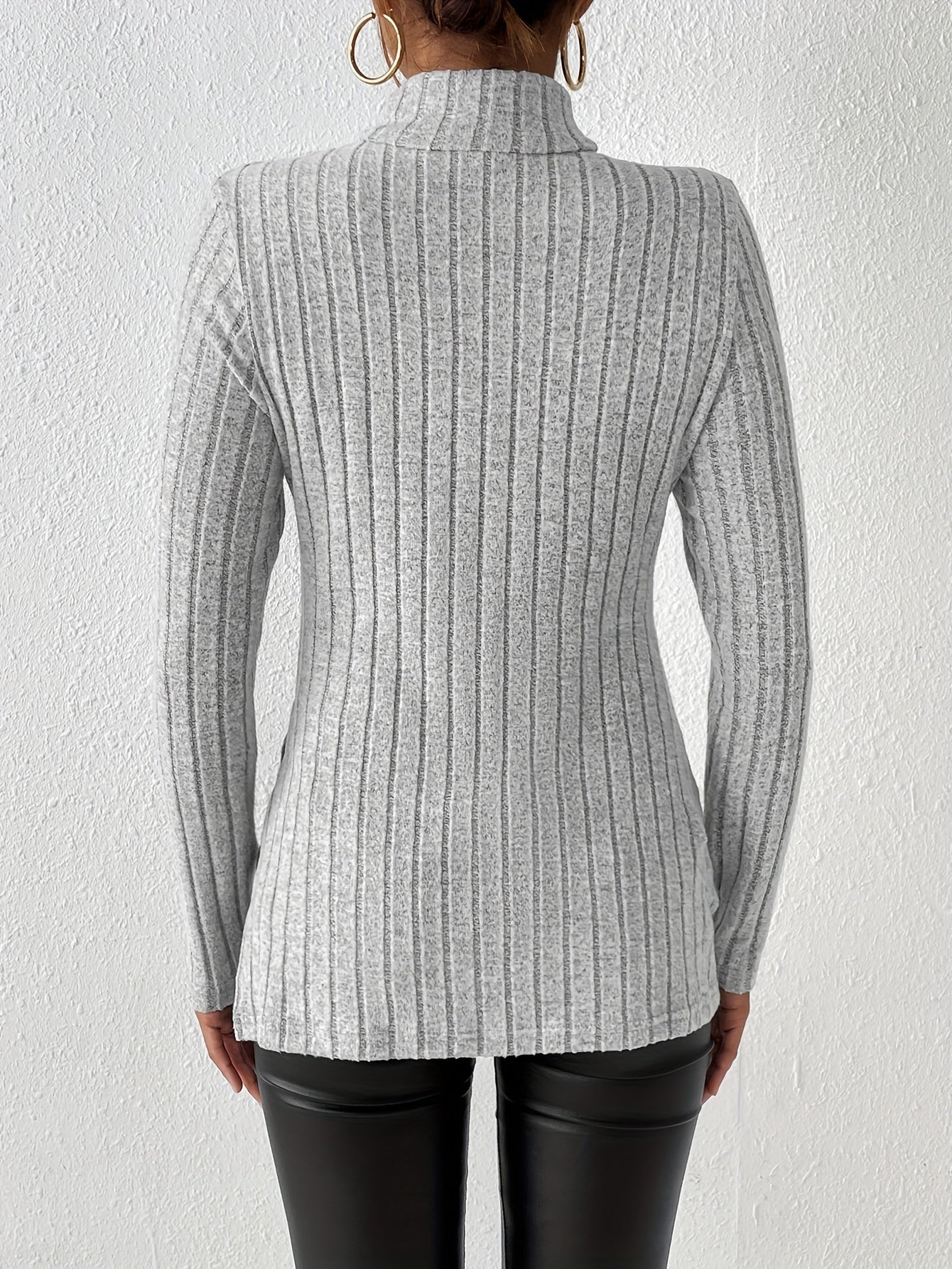 Solid Turtle Neck Rib Knit Top, Casual Long Sleeve Split Top