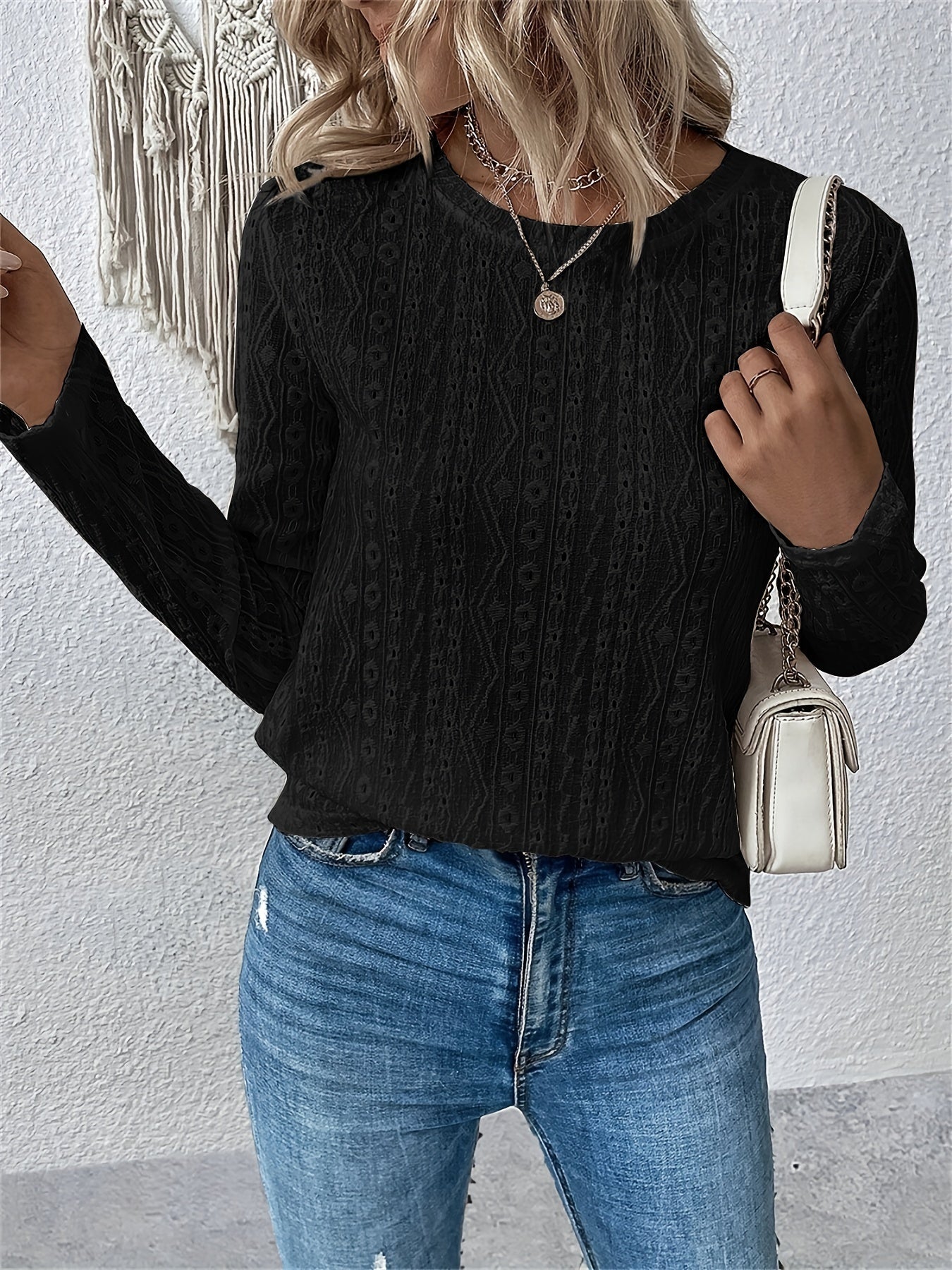 Eyelet Embroidery T-Shirt, Crew Neck Long Sleeve T-Shirt, Casual Every Day Tops