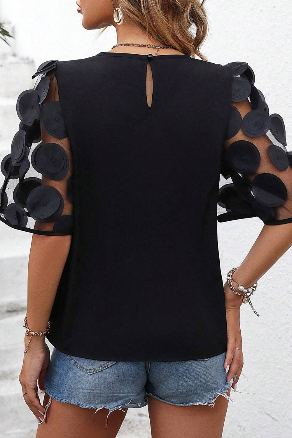 Black Contrast Applique Mesh Half Sleeve Blouse