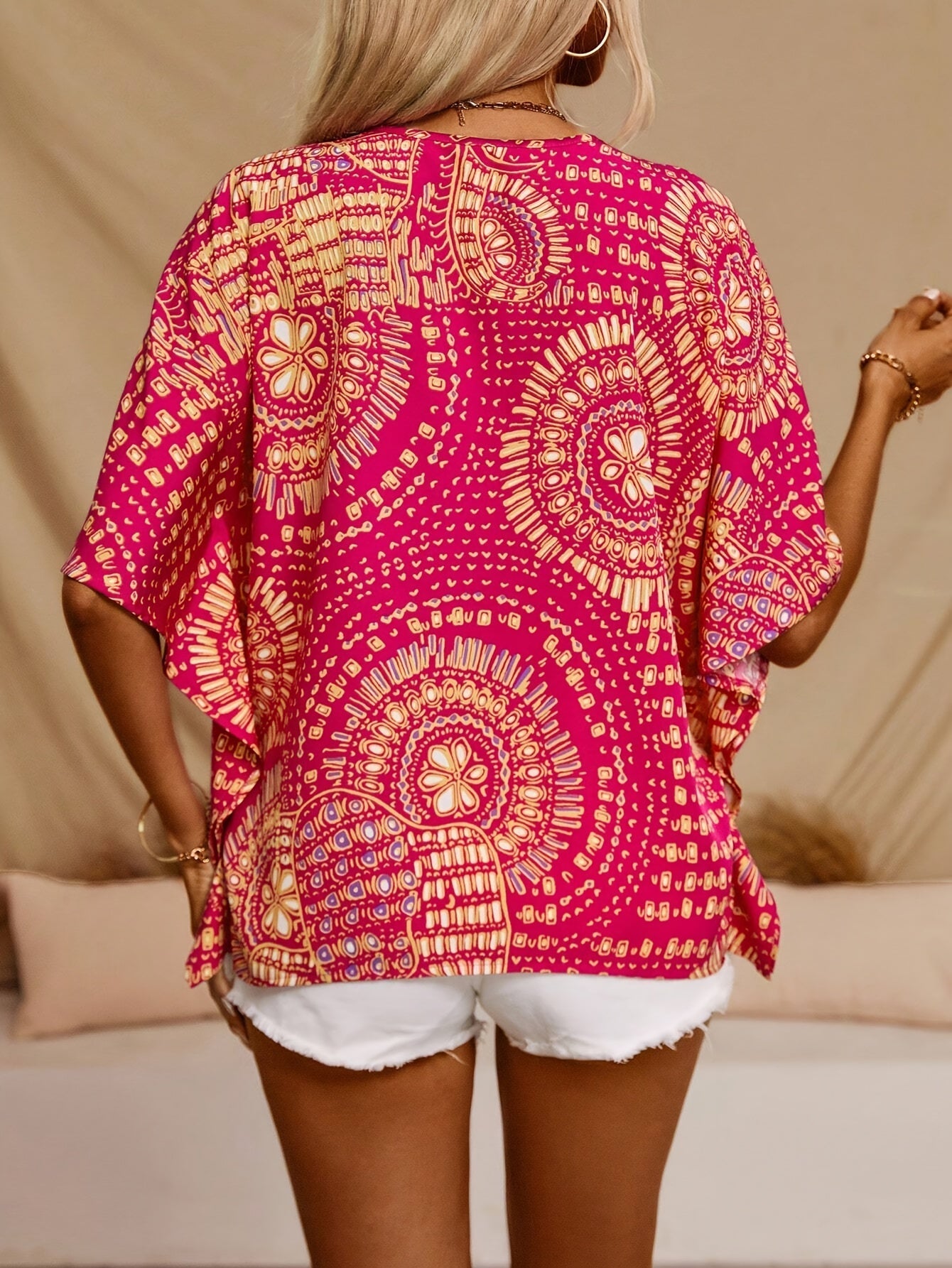 Mandala Print V-neck Blouse, Vacation Style Batwing Sleeve Top