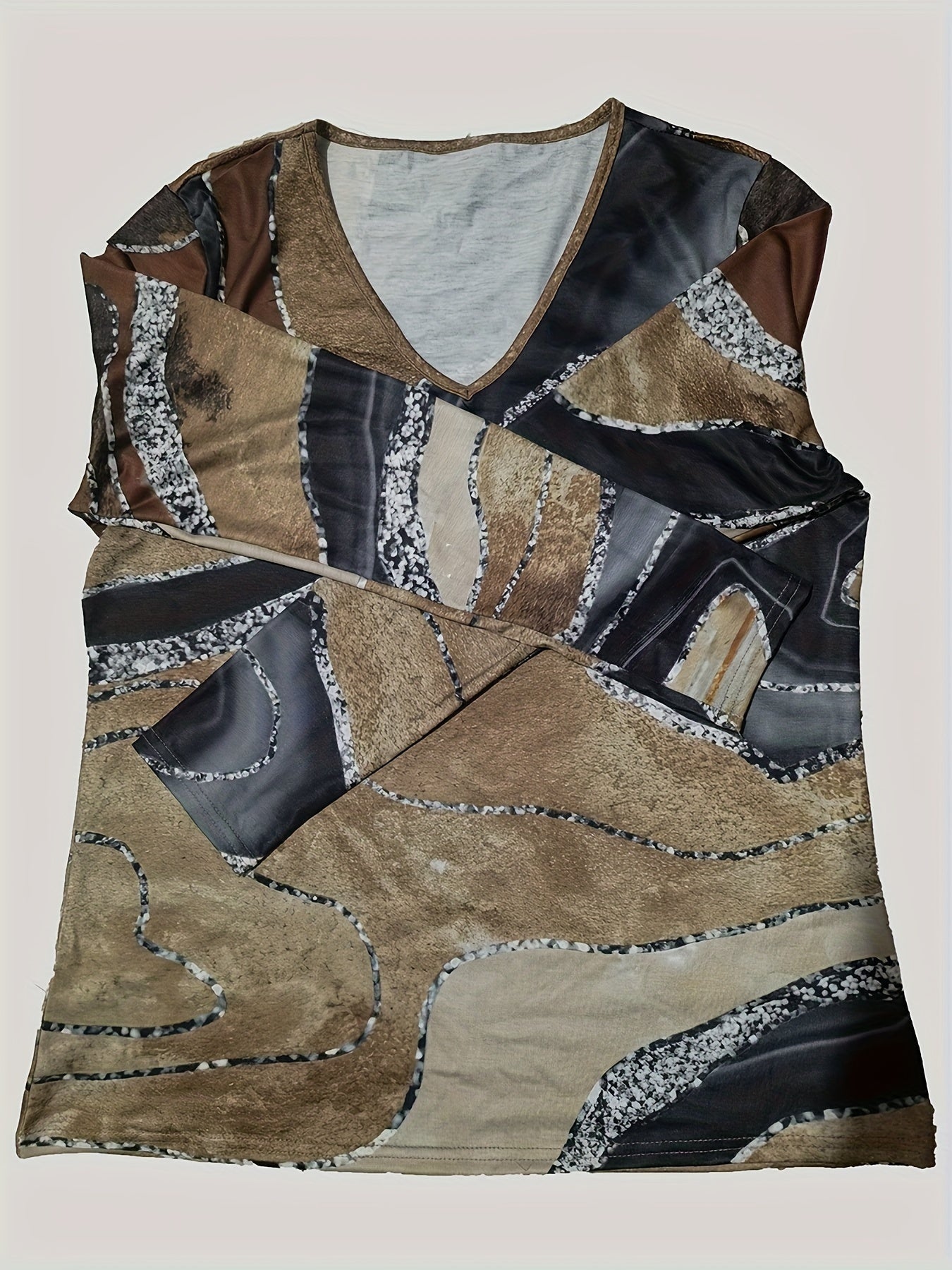 Marble Print V-neck T-Shirt, Vintage Long Sleeve T-Shirt