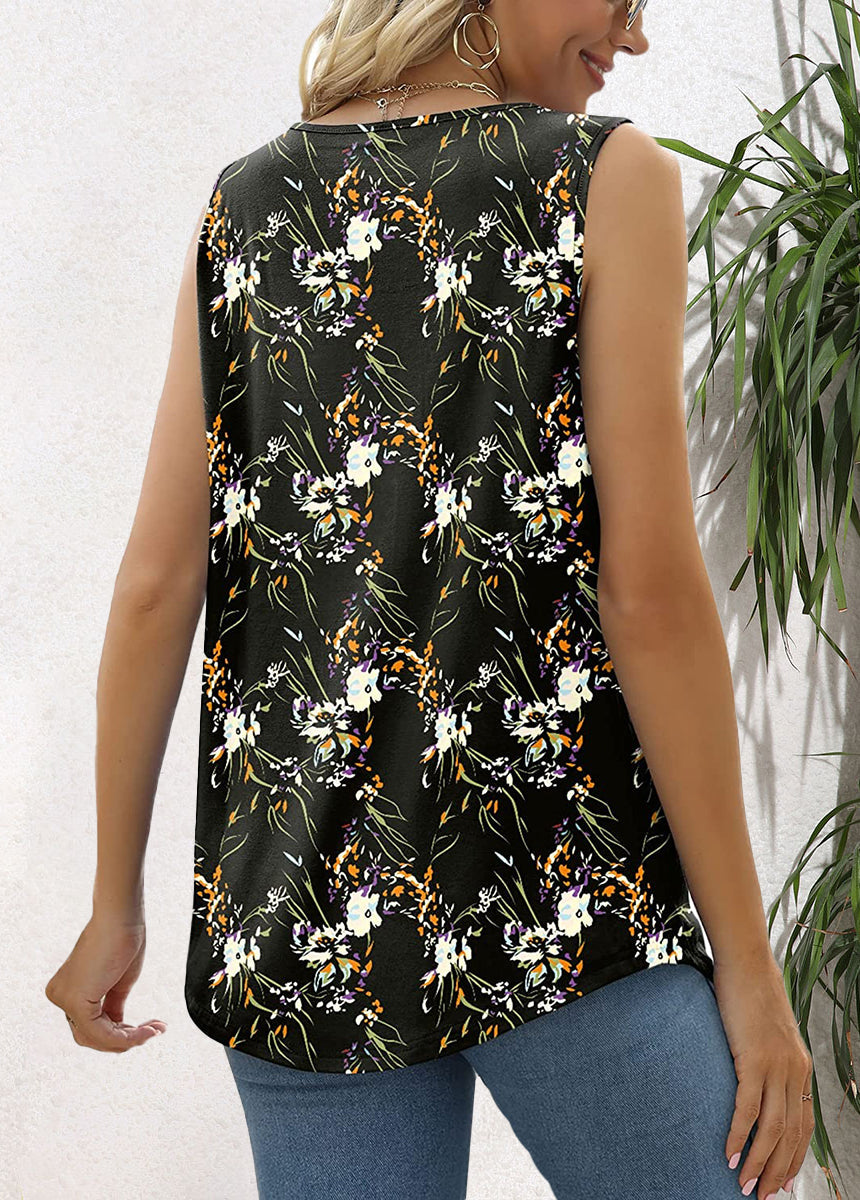 Pleated Square Neck Printed Sleeveless Vest Top