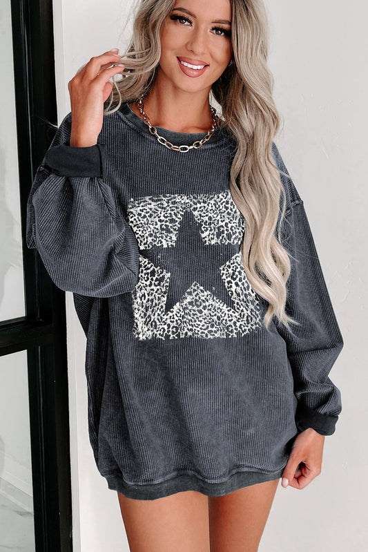 Gray Leopard Star Graphic Corded Sweatshirt