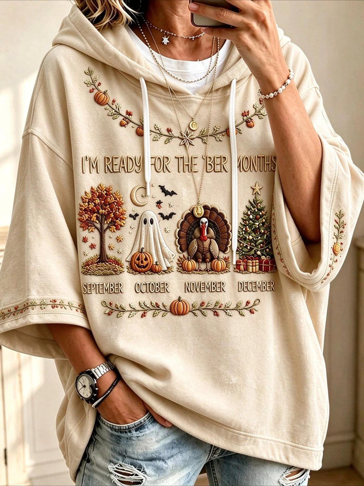 Casual Maple Leaf Printing Half Sleeve Hoodie