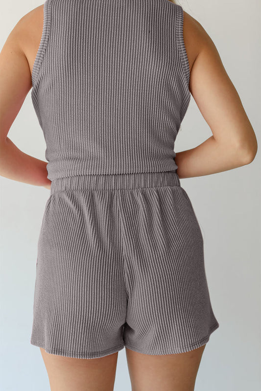 Medium Grey Corded Sleeveless Top and Pocketed Shorts Set
