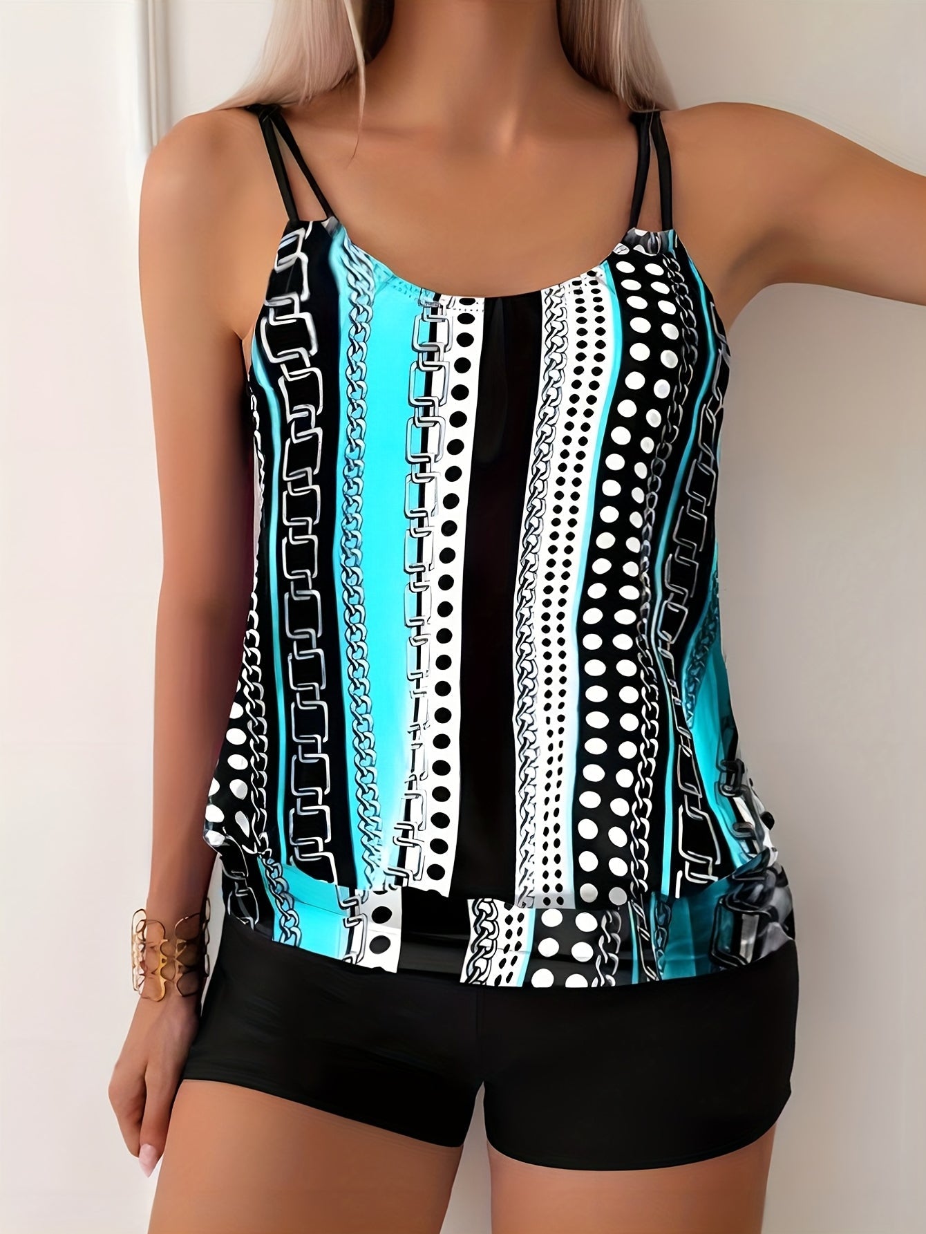 Striped & Polka Dot Print Tankini Sets, Round Neck High-Stretch Boxer Short Bottom Two Pieces Swimsuit