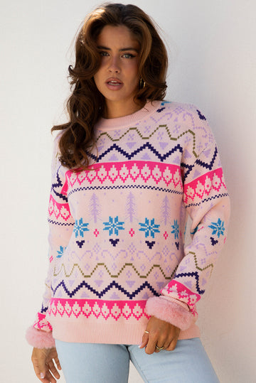 Multicolour Ethnic Christmas Pattern Knit Feather Cuffed Sweater