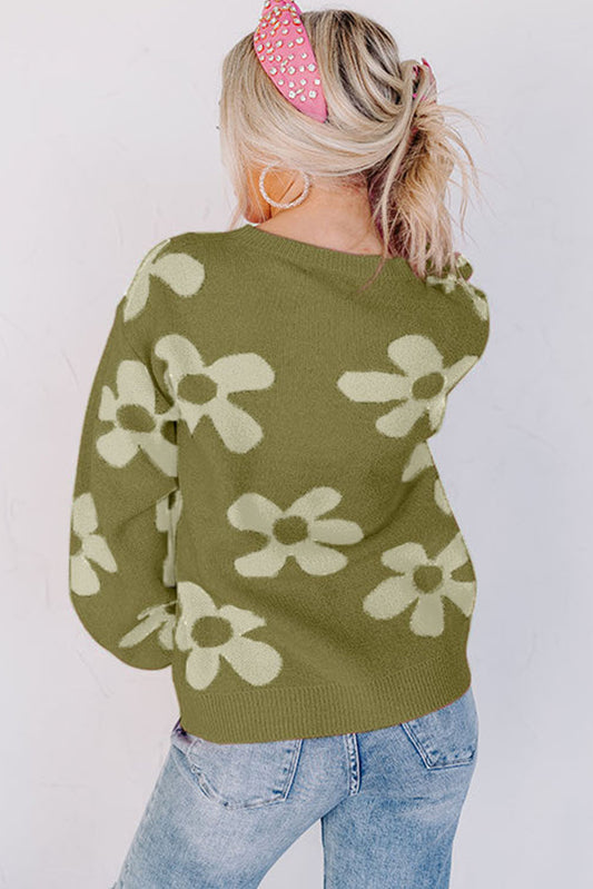 Spinach Green Big Flower Knit Ribbed Trim Sweater