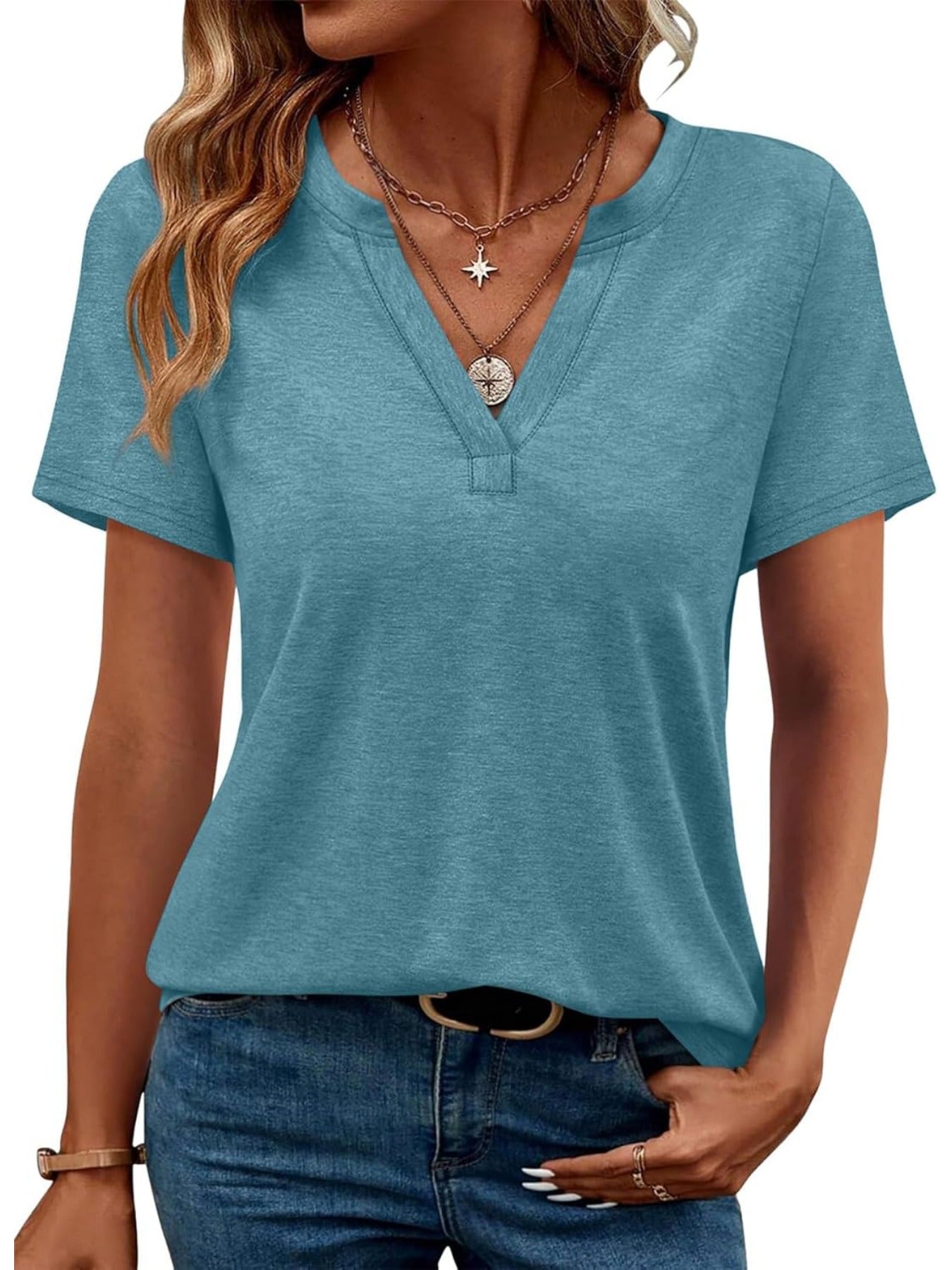 Solid Color Short Sleeve V Neck T Shirt