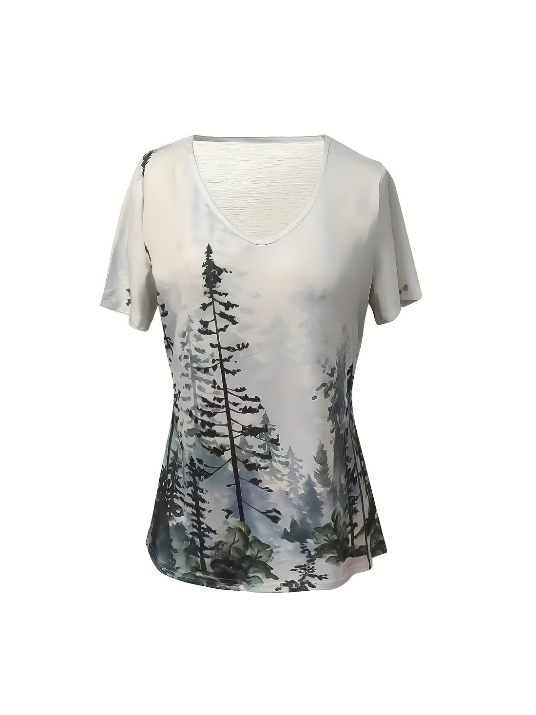Tree Print V Neck T-Shirt, Casual Short Sleeve Top