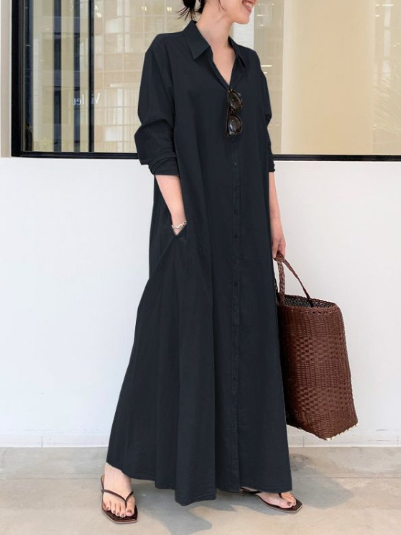 Solid Color Single Breasted Simple Dress, Elegant Long Sleeve Maxi Loose Dress