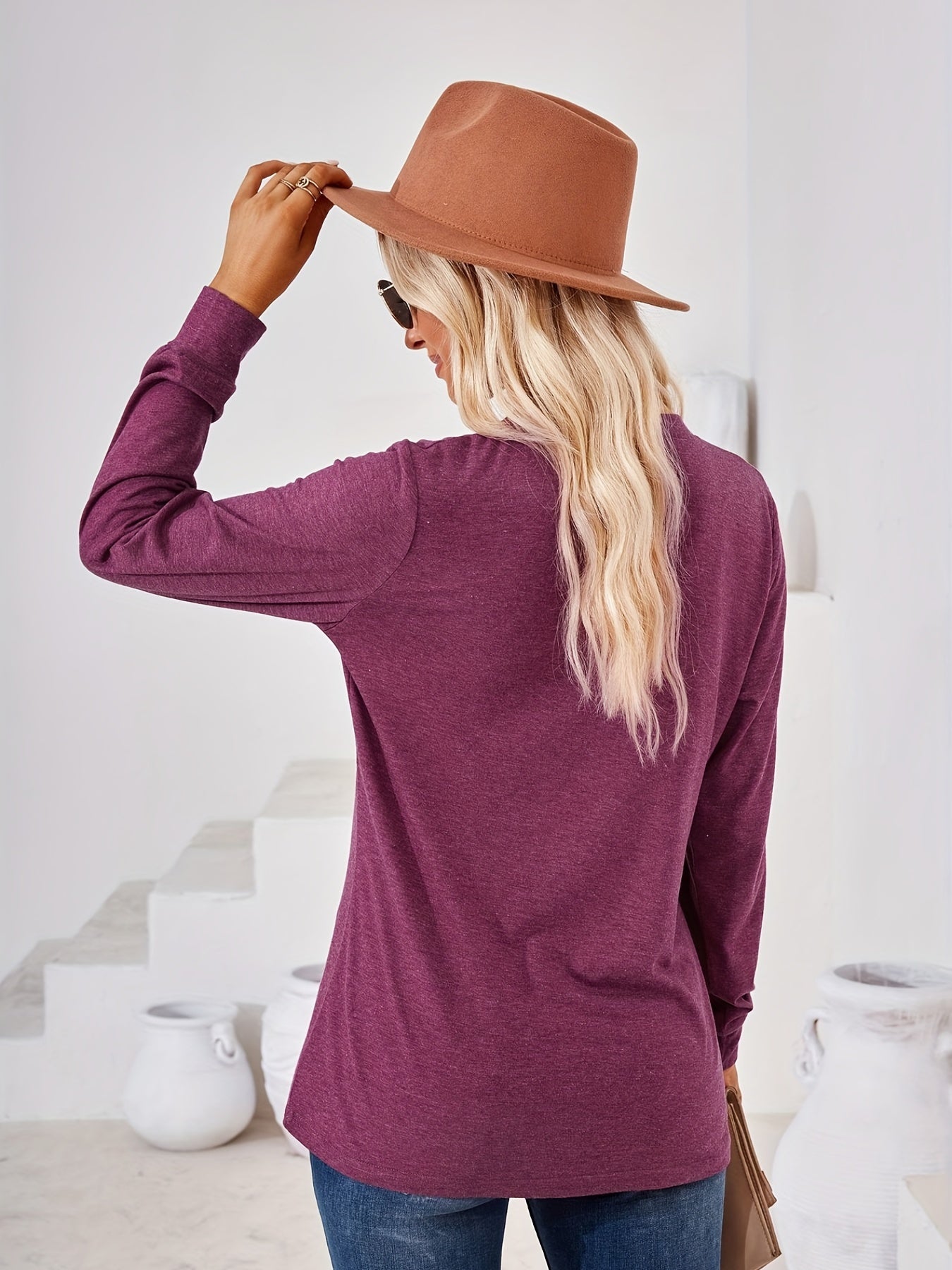 Solid Long Sleeve Button Decor Notched Neck Slight Stretch Tee