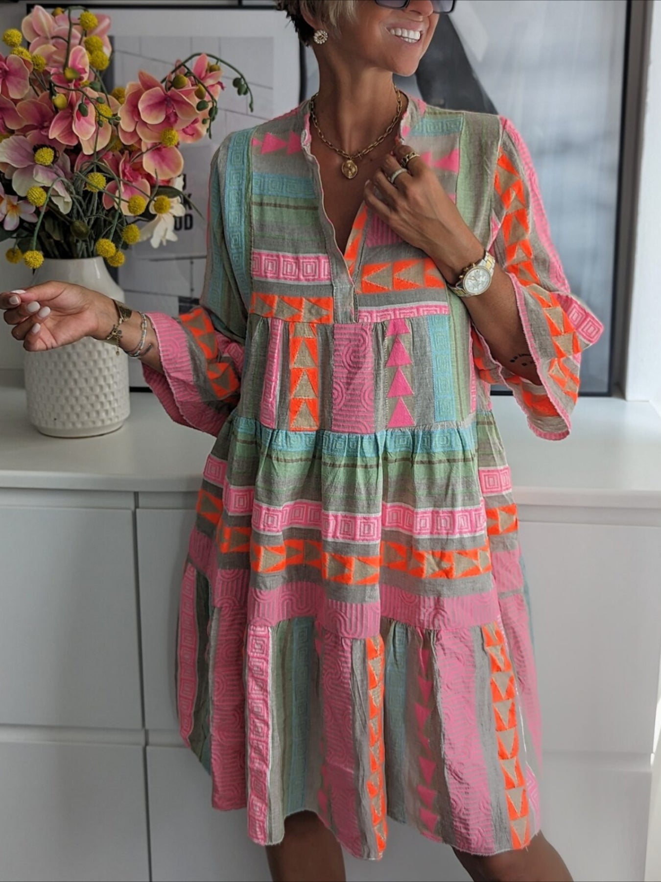 Fresh Print 3/4 Sleeve Mini Dress