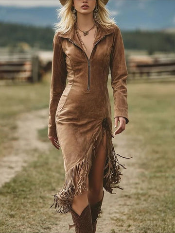 Western Cowgirl Suede Fringe Hem A-Line Silhouette V-Neck Long Sleeves Dress