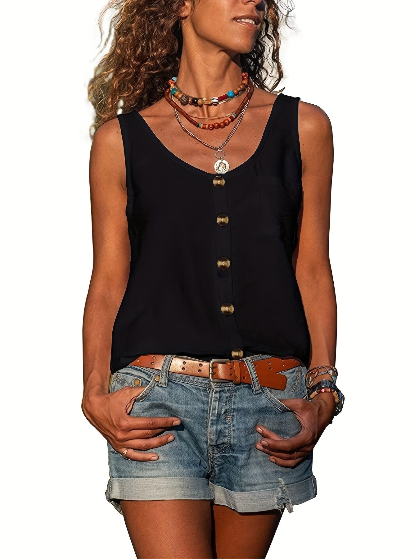 Button Front Scoop Neck Tank Top, Casual Summer Sleeveless Solid Tank Top
