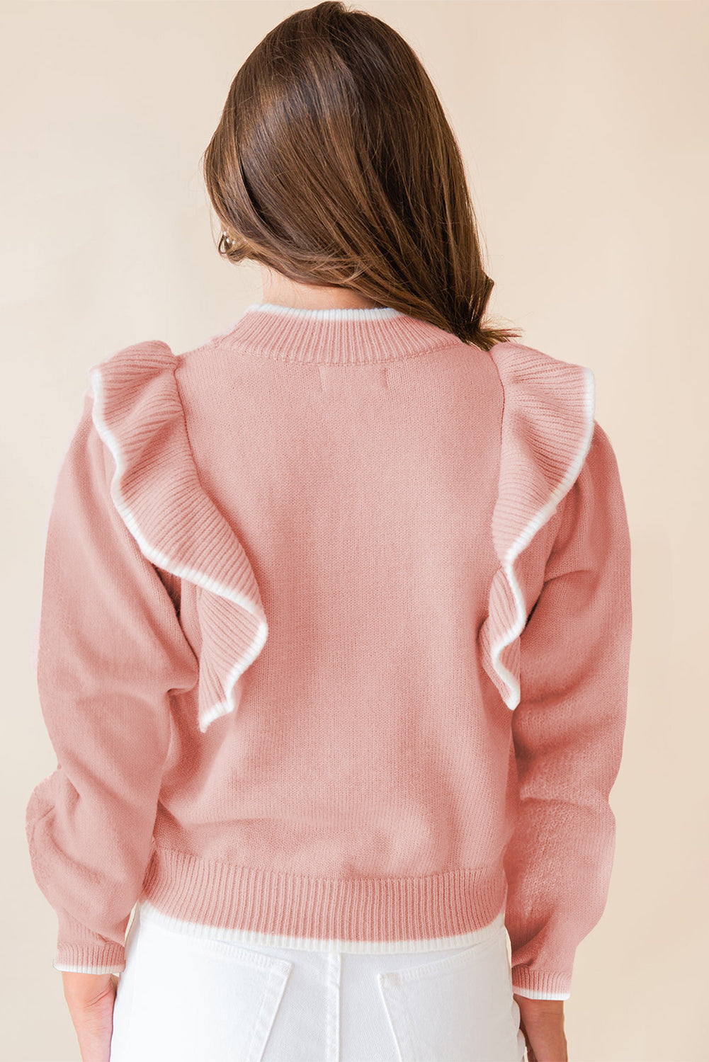 Light Pink Ruffled Bowknot Ribbed Trim Long Sleeve Sweater