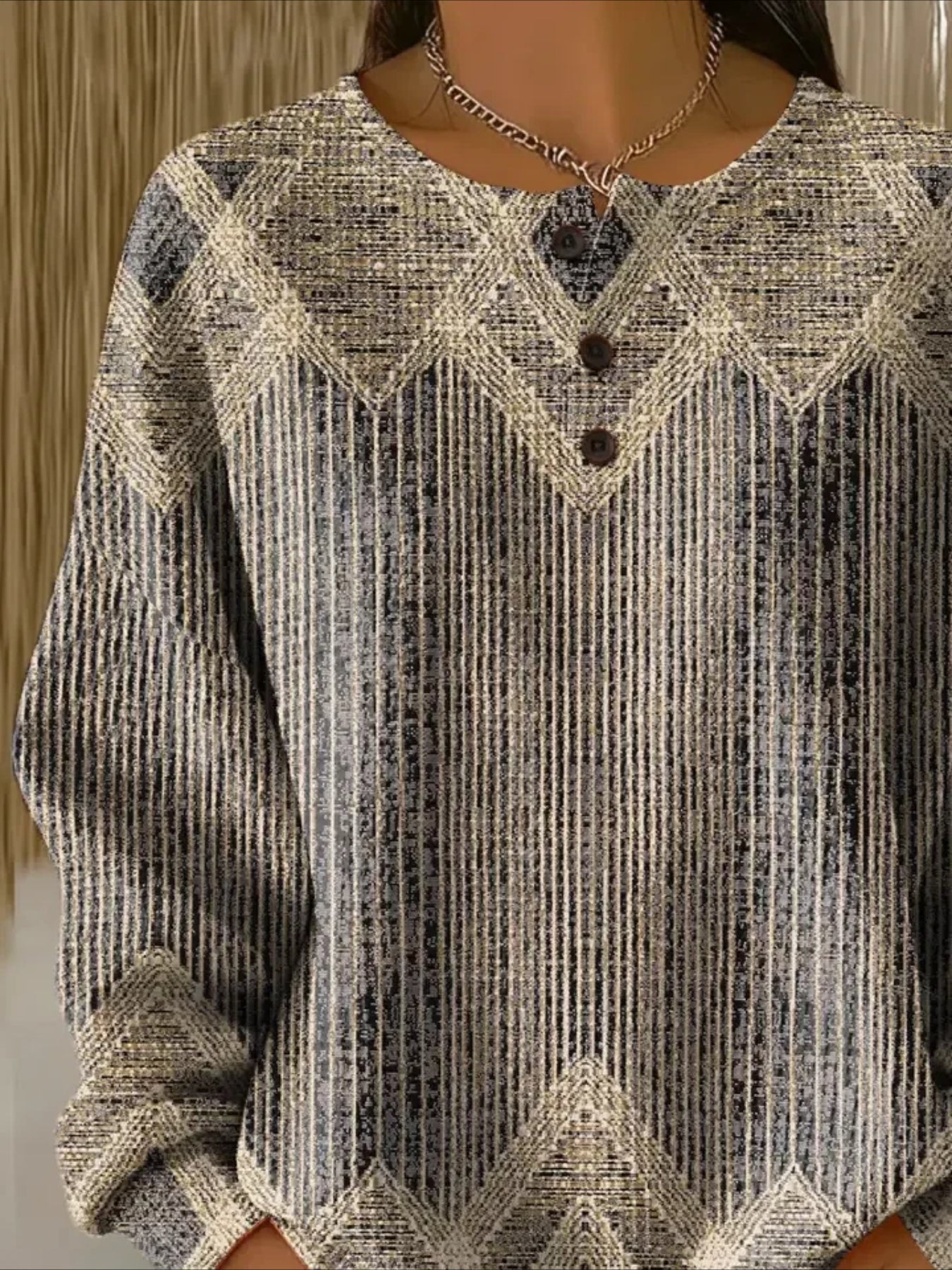 Line Ribbed V Neck Braided Print Long Sleeve Regular Sweatshirt
