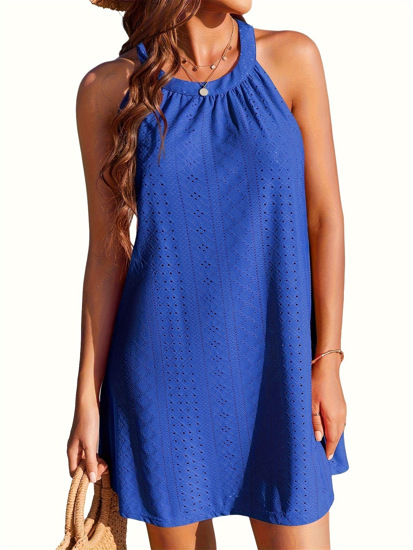 Eyelet Embroidered Crew Neck Dress, Casual Sleeveless Dress