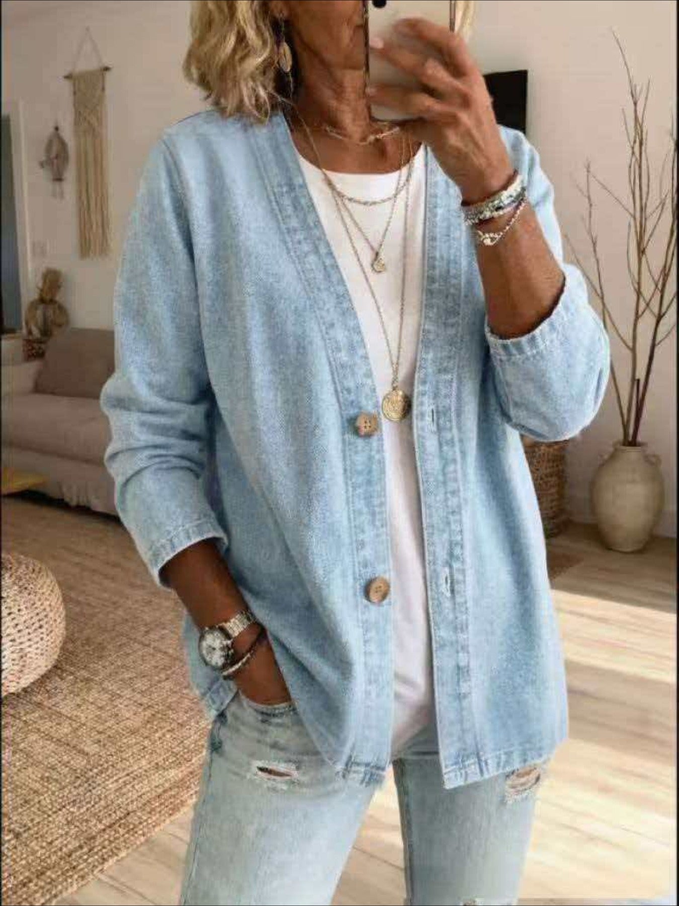 Long Sleeve Casual V Neck Denim Cardigan Jacket