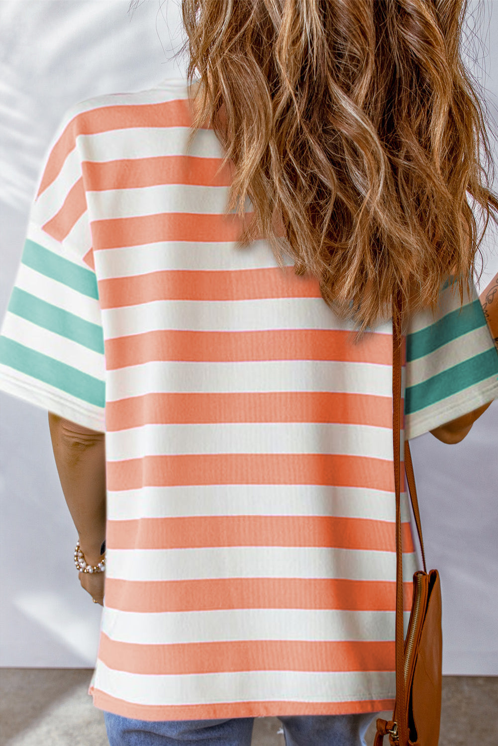 Orange Stripe Contrast Patch Pocket Drop Sleeve T Shirt