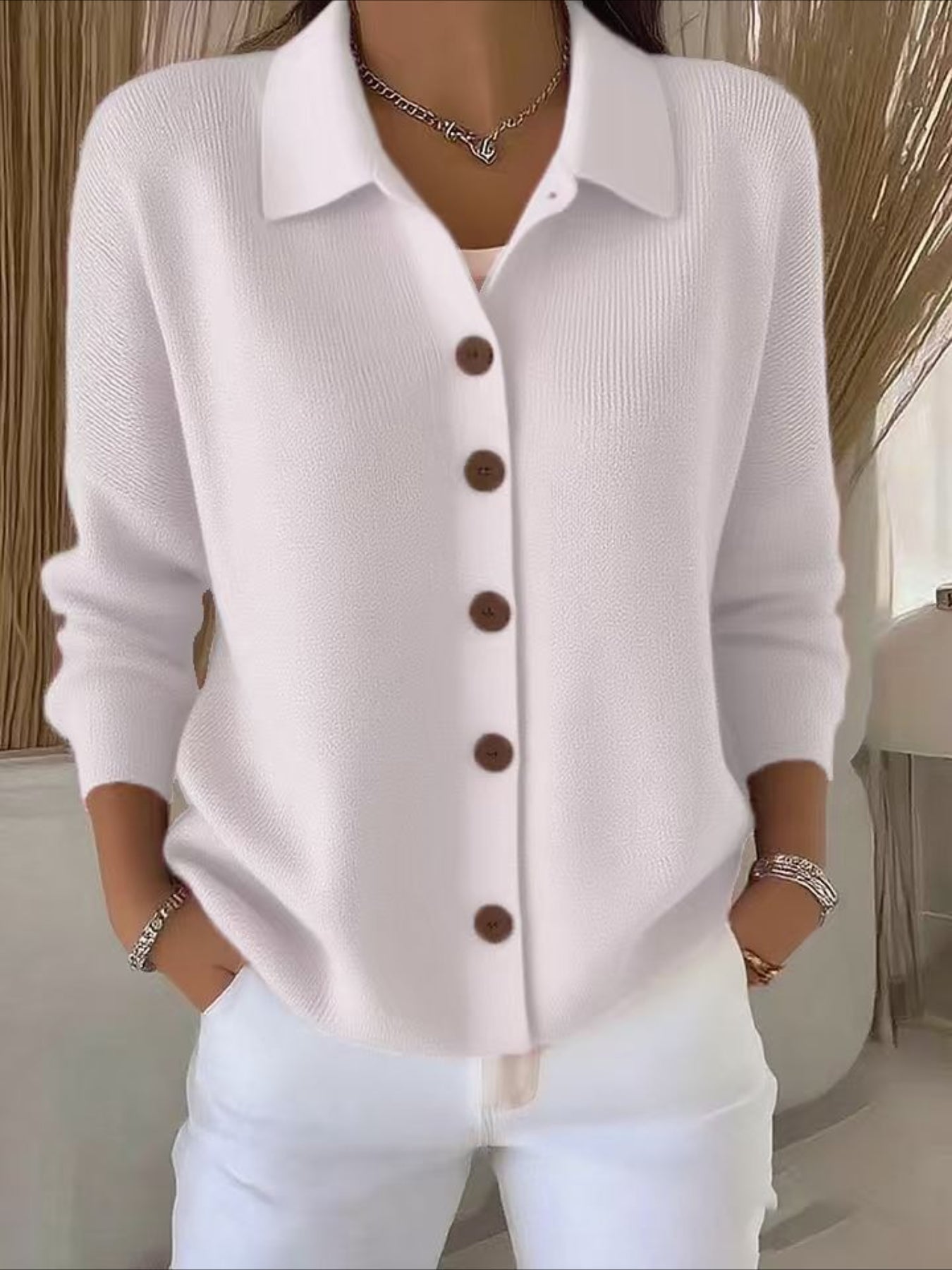 Button Plain Long Sleeve Comfy Casual Cardigan