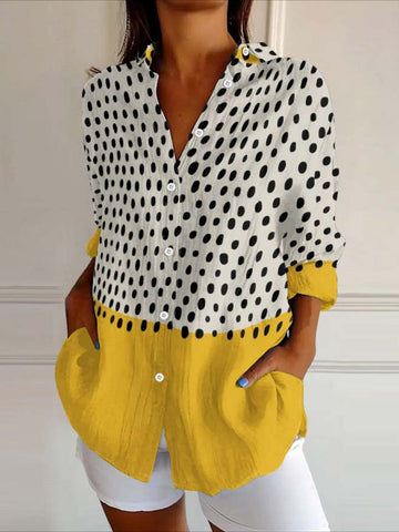 Lapel Multi Color Block Long Sleeve Regular Micro Stretch Loose Blouse