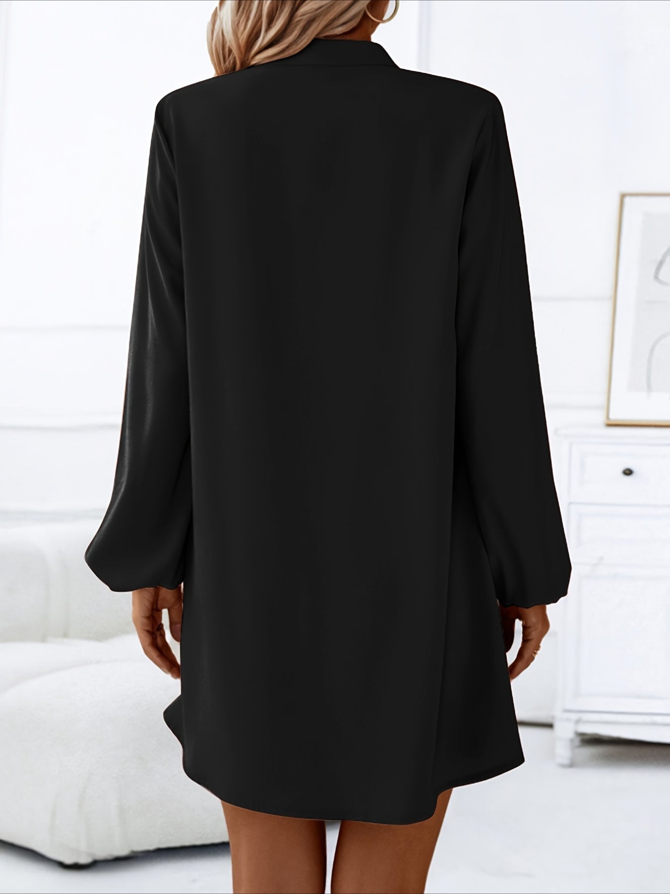 Solid Color V Neck Dress, Casual Long Sleeve Loose Fit Dress