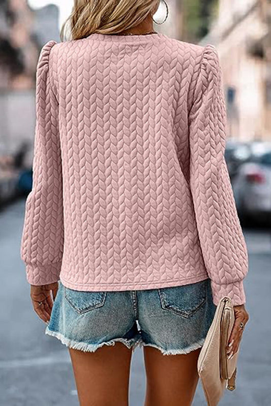 Light Pink Cable Textured Puff Sleeve Sweatshirt