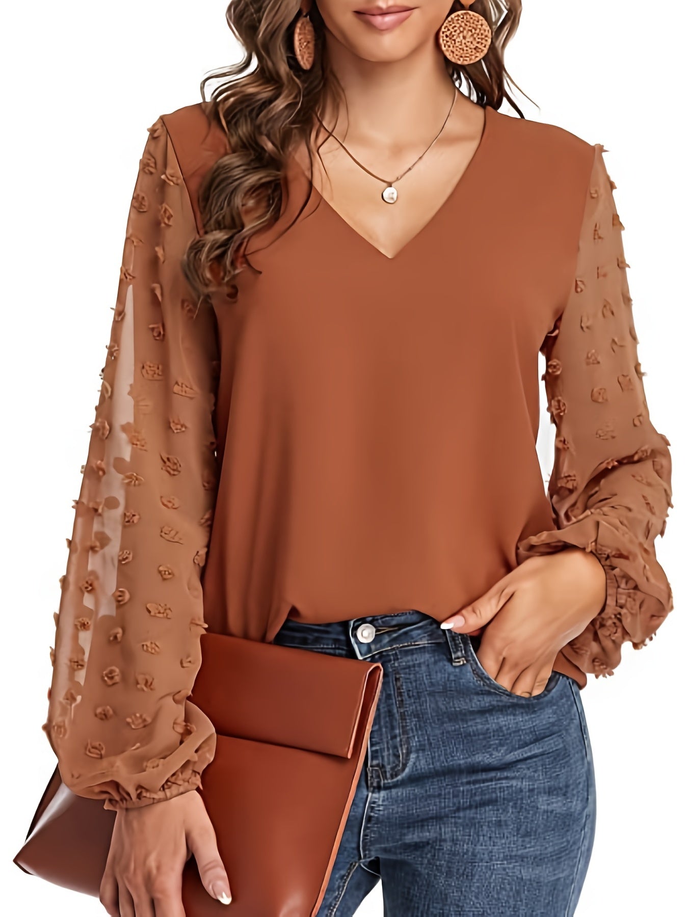 Swiss Dot Sleeve Shirt, Casual V Neck Solid Shirt