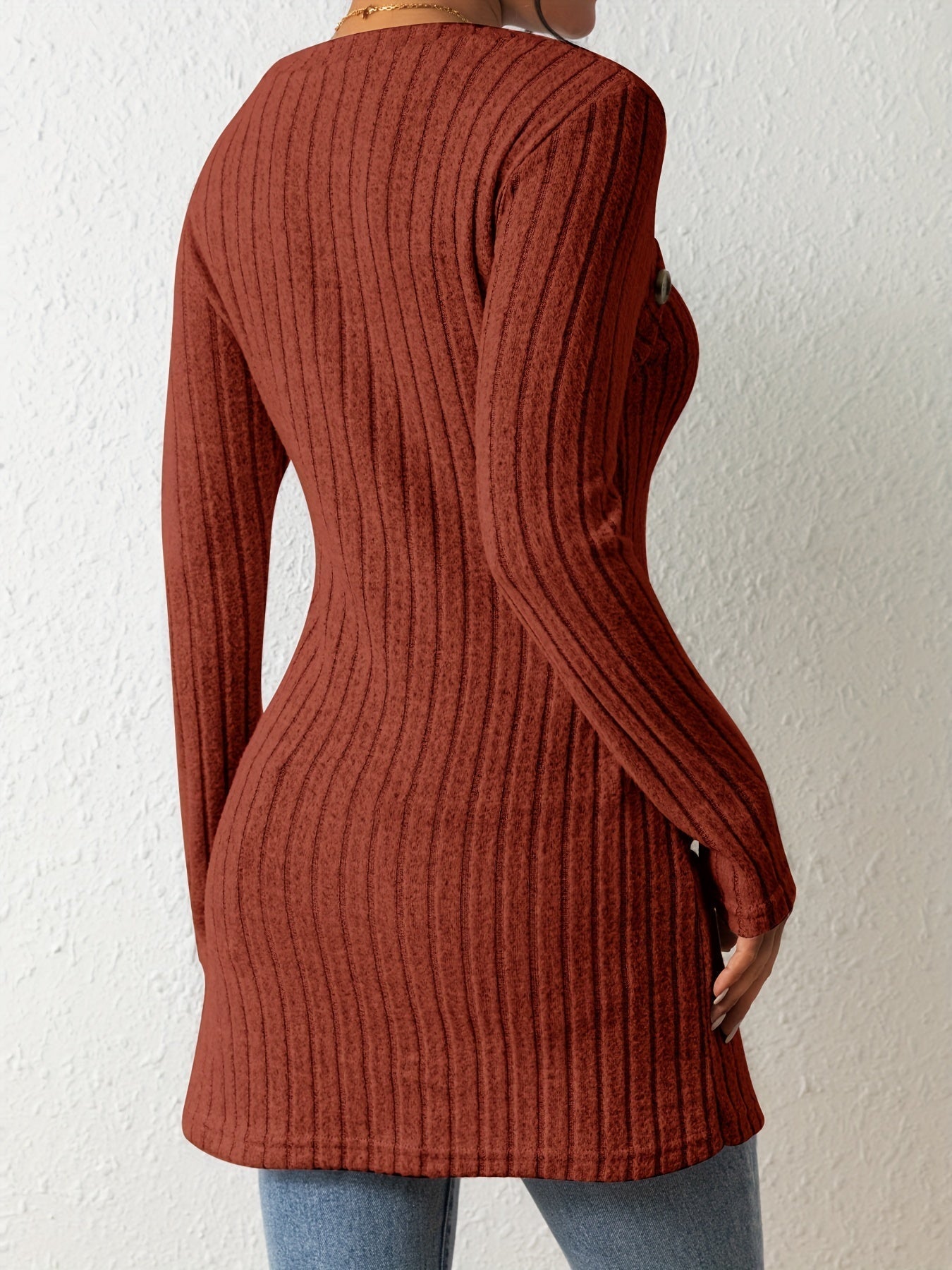 Button Decor Asymmetrical Hem T-Shirt, Casual Ribbed Long Sleeve Top