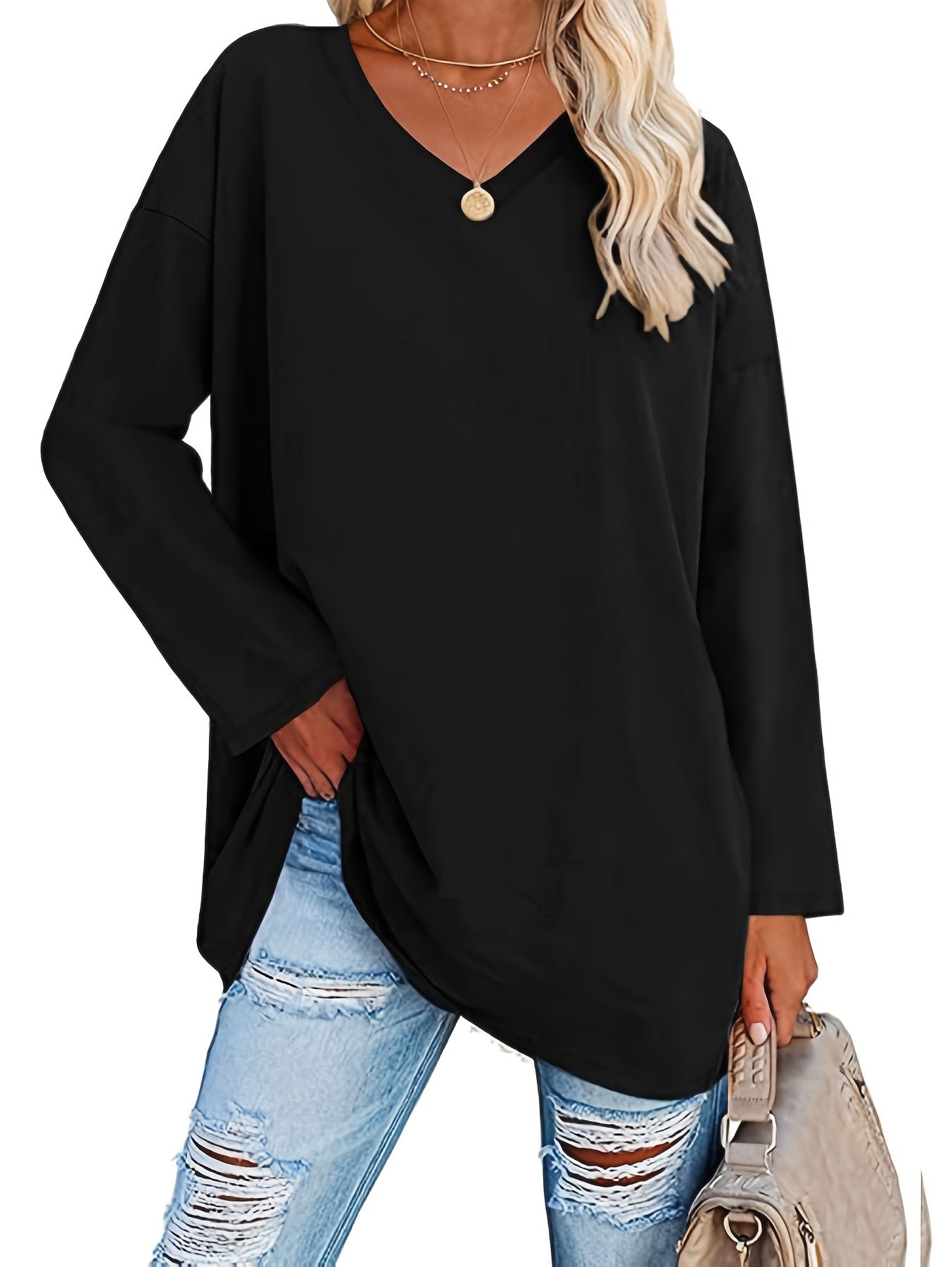 Women's Solid Color Oversized Tops, V-Neck Long Sleeve T-Shirts, Casual Loose Shirts