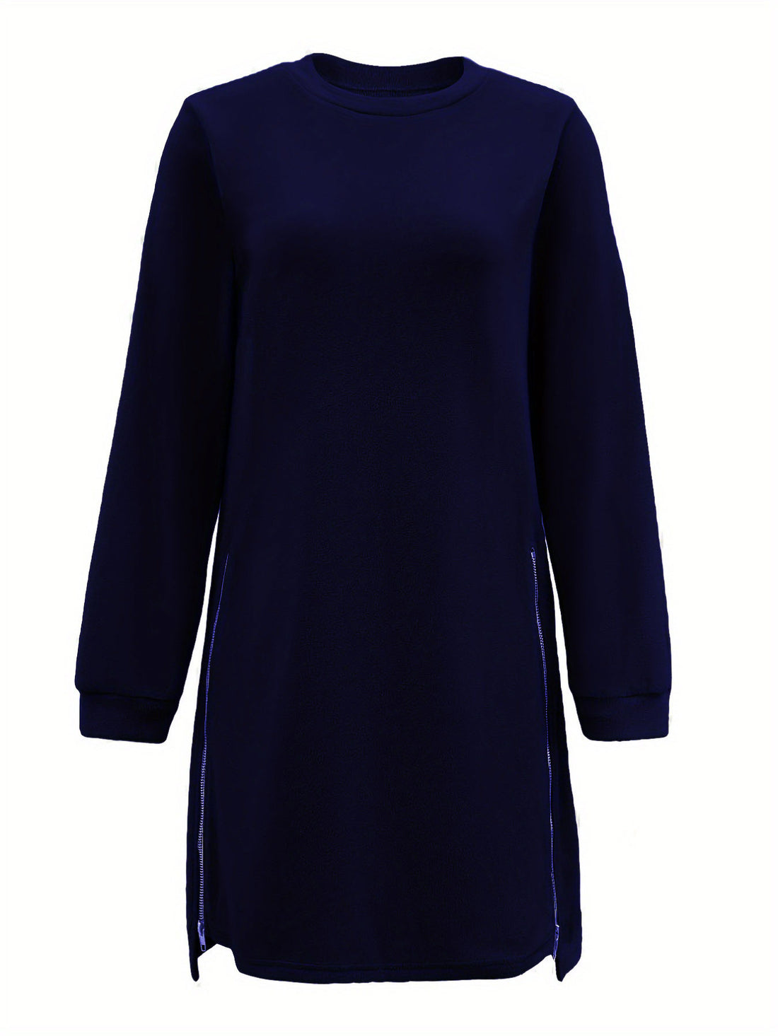 Women'S Casual Sweatshirt Dress with Zipper, Knit Fabric, Solid Color, Round Neck