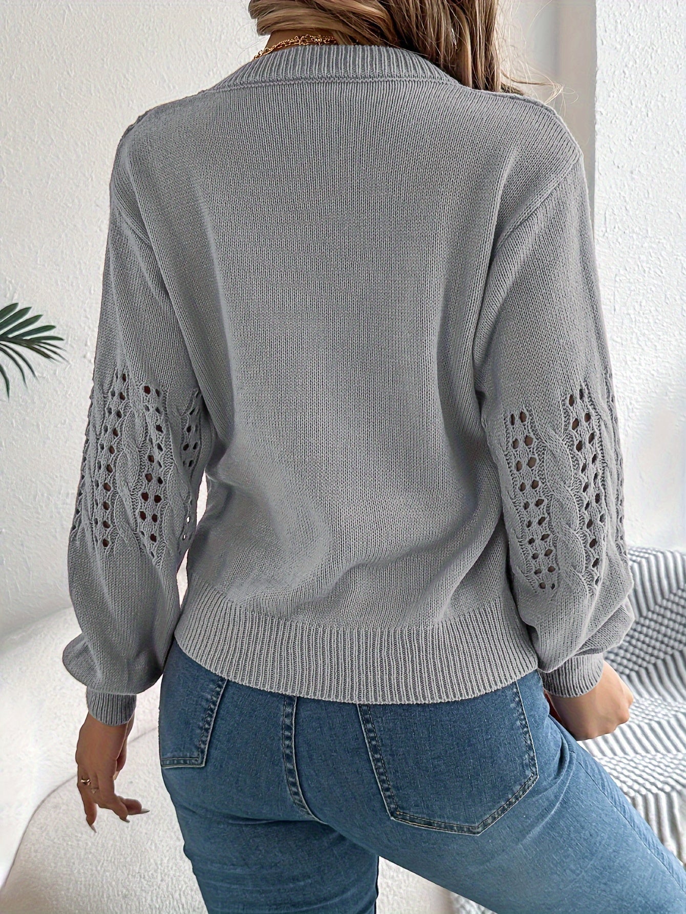 Pointelle Knit Solid Pullover Sweater, Casual Vacation Style Long Sleeve Crew Neck Sweater