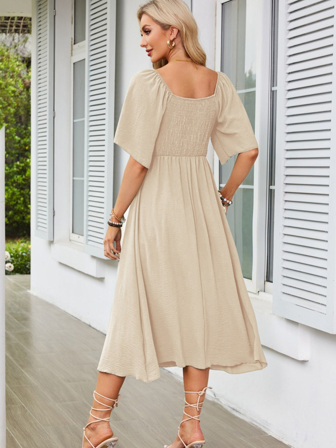 Short Lotus Sleeve, Long Length Solid Color Vintage V-Neck Peplum Dress